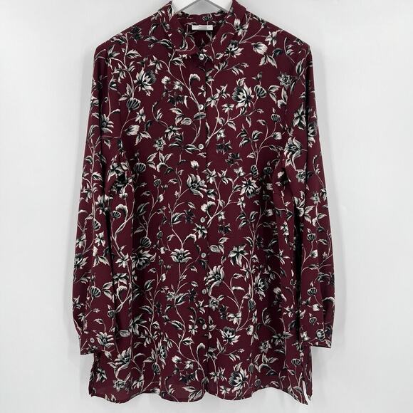 J. Jill Top Burgundy Floral‎ Long Sleeve Button Up Tunic Shirt Blouse Size Large - Picture 1 of 9